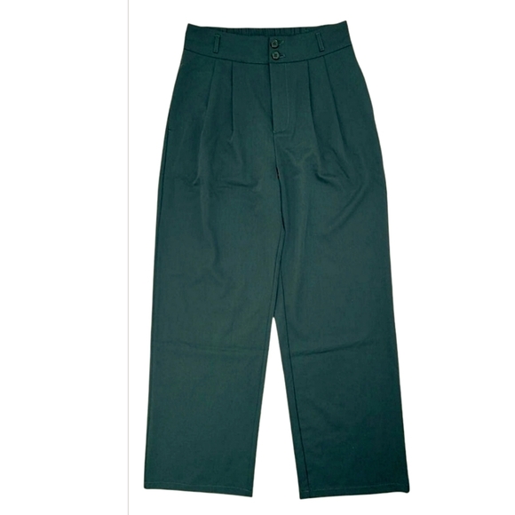 Halara High Waisted Two Button ShirredStraight Leg Pants Dark Green Size Medium - Picture 5 of 16